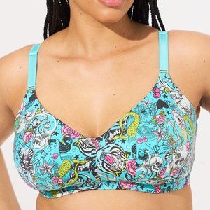 ❤️NWT VINTAGE TORRID BRA MERMAID TATTOO SKULLS WIRELESS LINED BACK SMOOTHING